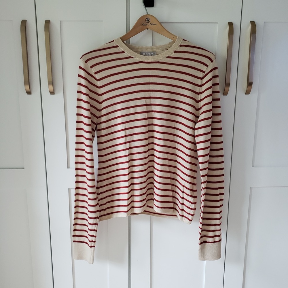 J. Crew 100% Merino Wool Sweater Womens XL Beige Striped Long Sleeve Crewneck